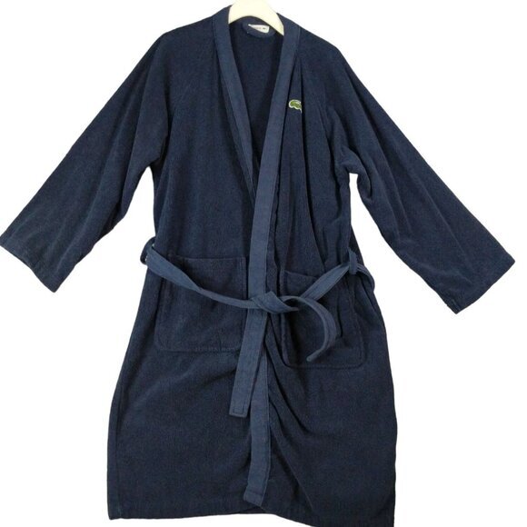 LACOSTE Terry Robe Unisex SZ‎ OS Navy Blue Belt Pockets Cozy Warm Snug Luxury - Picture 1 of 13